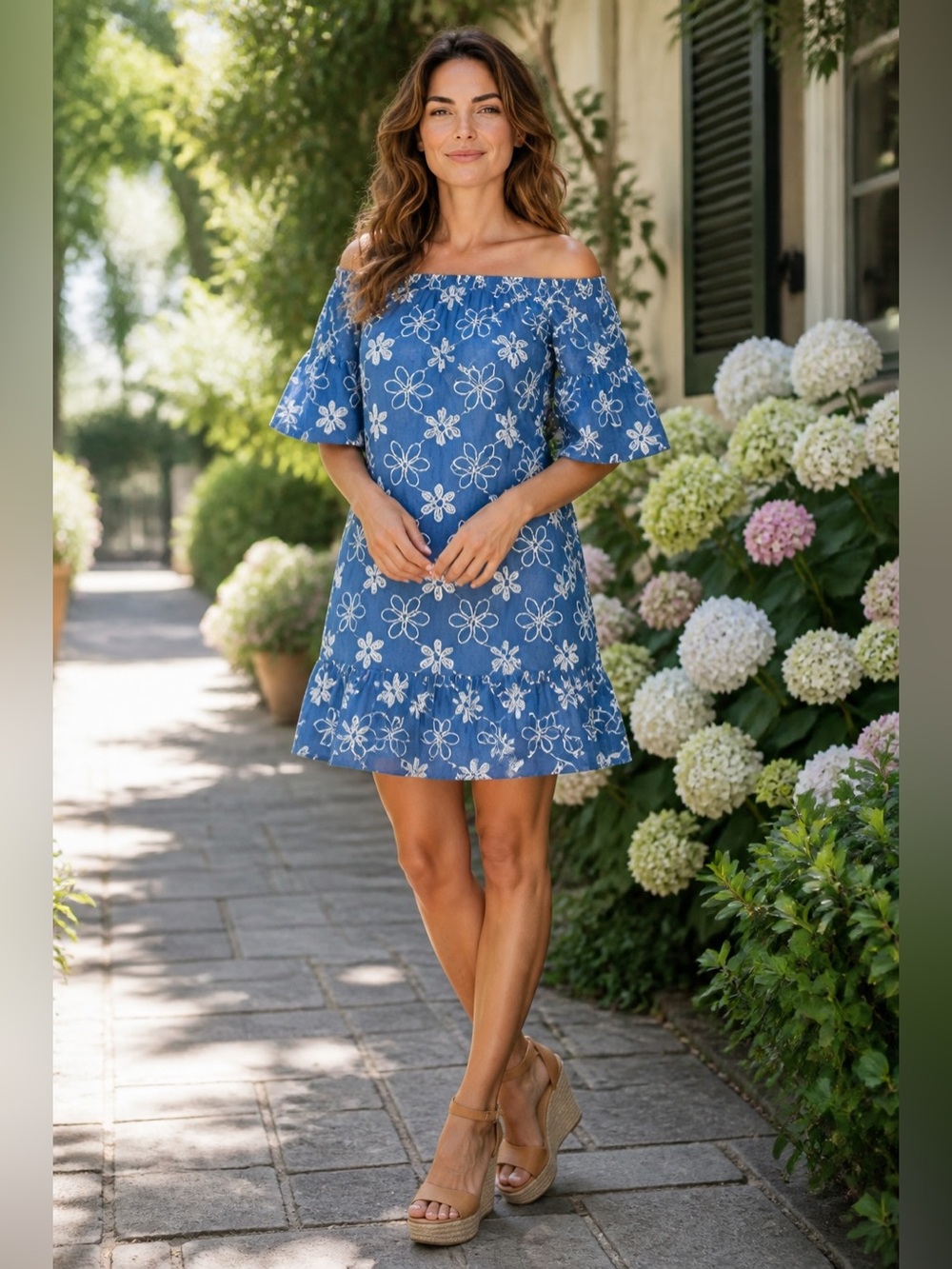 eci Blue Floral Embroidered Off-Shoulder Ruffle Hem Dress